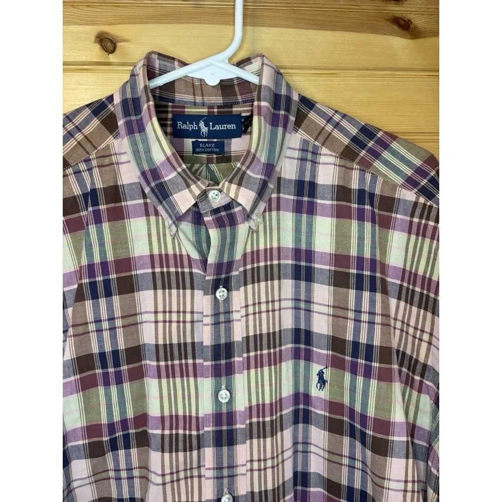 Vintage Ralph Lauren Long Sleeve Button‎ Down Shirt Large Plaid Blake Colorful